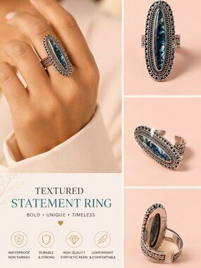 Vintage Oval Abalone Statement Ring Silver Boho Adjustable Cocktail Ring